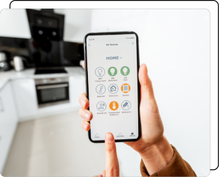 hand holding phone with smart home controls in living room