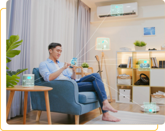 hand holding phone with smart home controls in living room